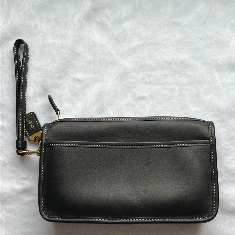 Coach Black Leather Zip Wristlet with Contrast Stitching